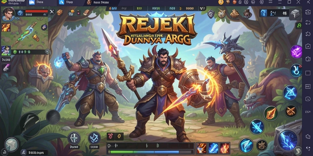 Screenshot utama menampilkan pertarungan seru di dunia REJEKI.